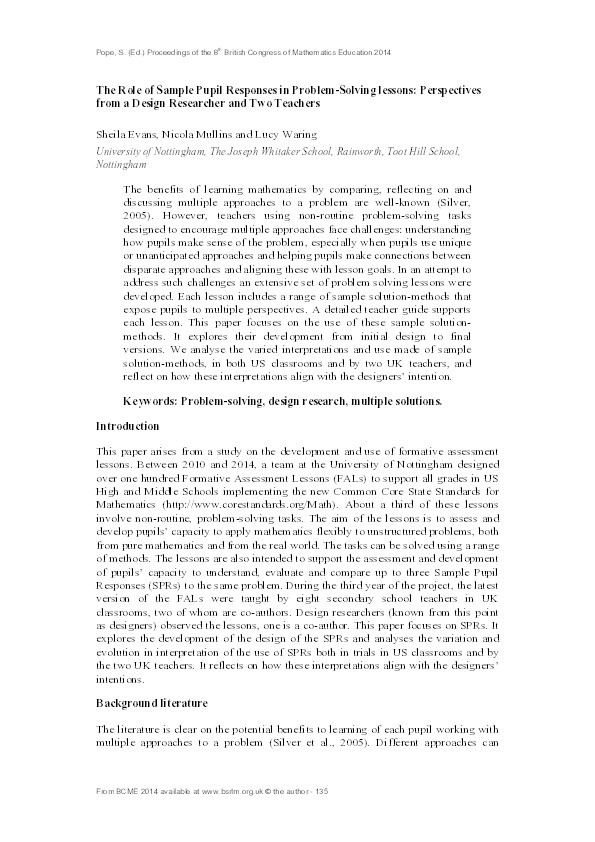 The role of sample pupil responses in problem-solving lessons: perspectives from a design researcher and two teachers Thumbnail