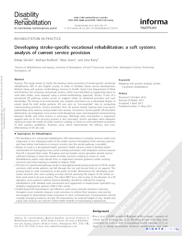 Developing stroke specific vocational rehabilitation: a soft systems analysis of current service provision Thumbnail