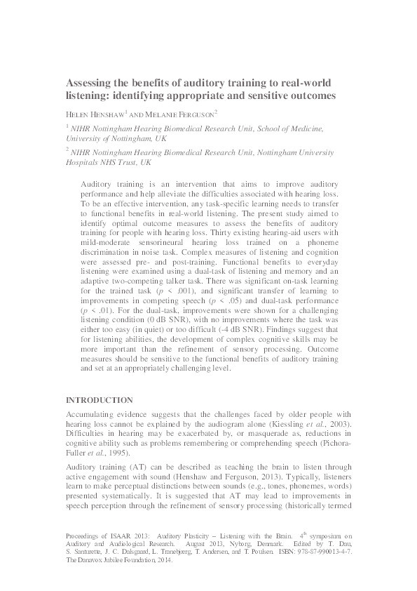 Assessing the benefits of auditory training to real-world listening: identifying appropriate and sensitive outcomes Thumbnail