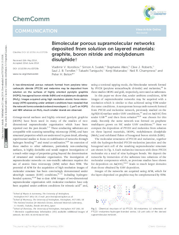 Bimolecular porous supramolecular networks deposited from solution on layered materials: graphite, boron nitride and molybdenum disulphide Thumbnail