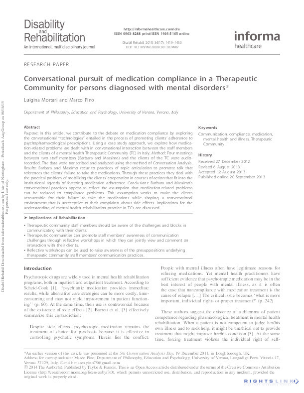Conversational pursuit of medication compliance in a Therapeutic Community for persons diagnosed with mental disorders Thumbnail