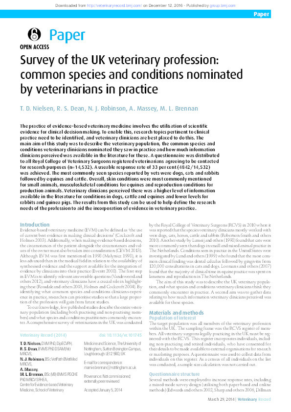 Survey of the UK veterinary profession: common species and conditions nominated by veterinarians in practice Thumbnail