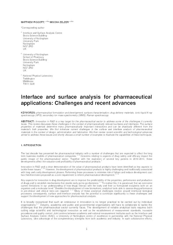 Interface and surface analysis for pharmaceutical applications: challenges and recent advances Thumbnail