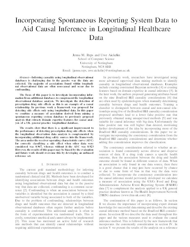 Incorporating spontaneous reporting system data to aid causal inference in longitudinal healthcare data Thumbnail