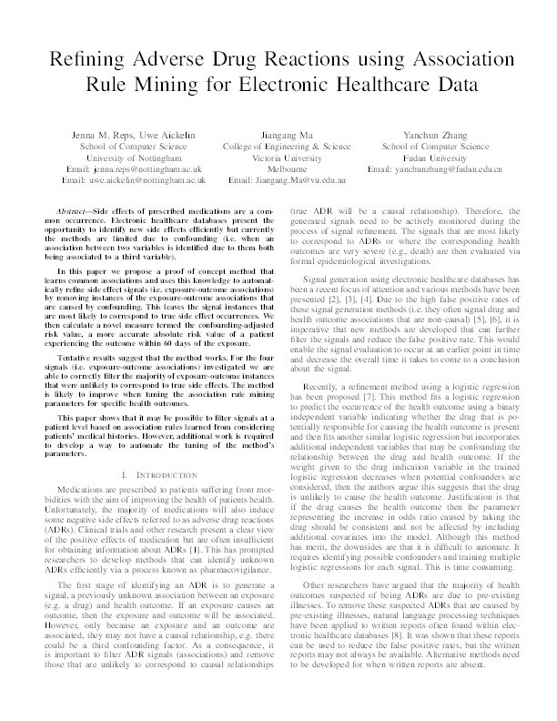 Refining adverse drug reactions using association rule mining for electronic healthcare data Thumbnail