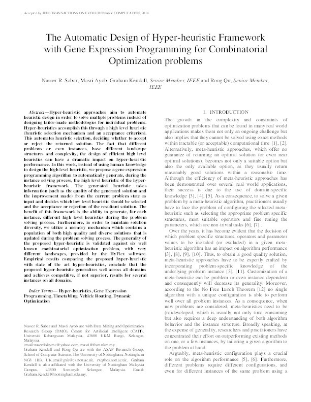 The automatic design of hyper-heuristic framework with gene expression programming  for combinatorial optimization problems Thumbnail