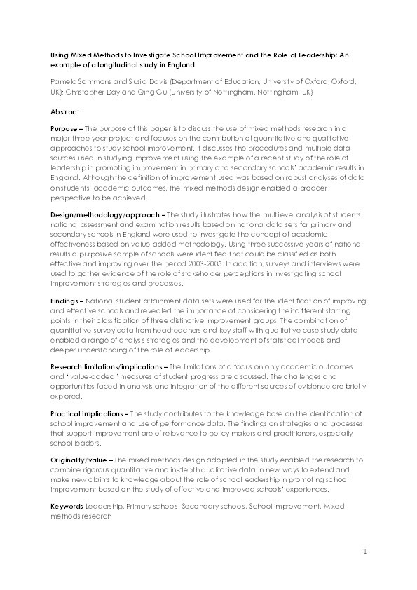 Using mixed methods to investigate school improvement and the role of leadership: an example of a longitudinal study in England Thumbnail