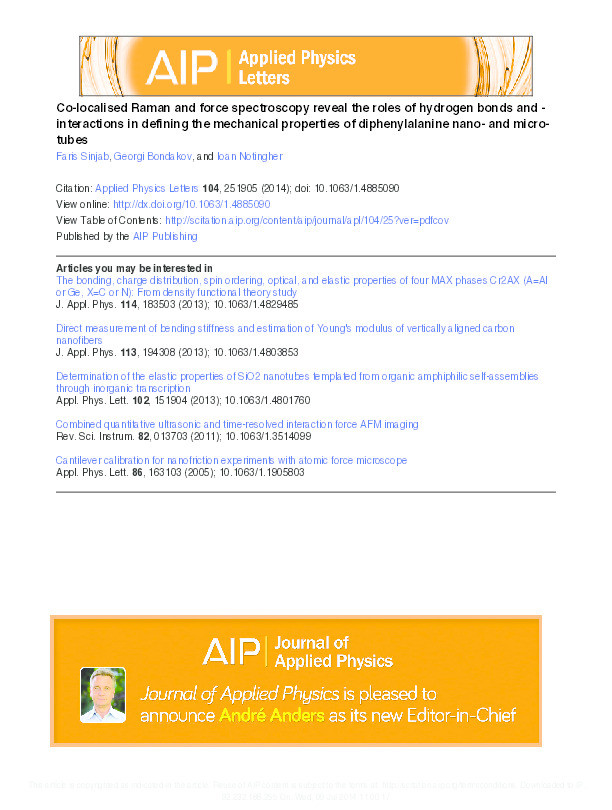 Co-localised Raman and force spectroscopy reveal the roles of hydrogen bonds and π-π interactions in defining the mechanical properties of diphenylalanine nano- and micro-tubes Thumbnail