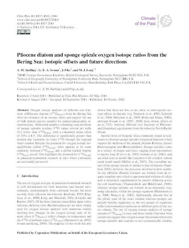 Pliocene diatom and sponge spicule oxygen isotope ratios from the Bering Sea: isotopic offsets and future directions Thumbnail