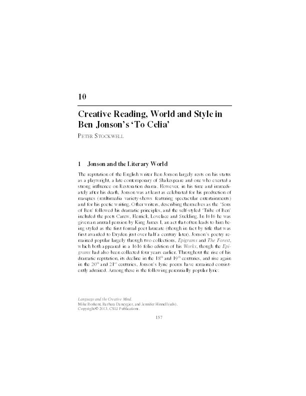 Creative reading, world and style in Ben Jonson’s 'To Celia' Thumbnail