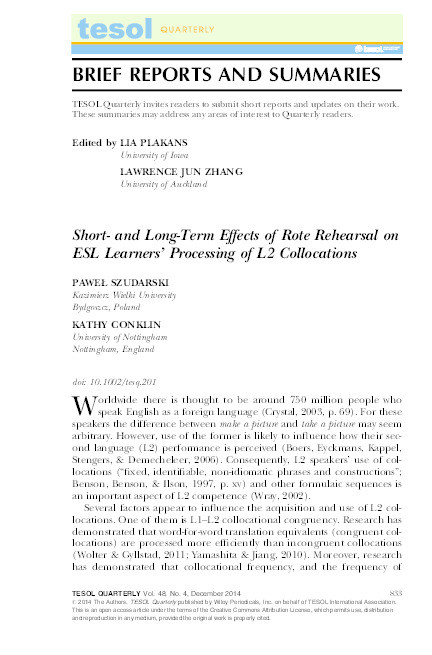 Short- and long-term effects of rote rehearsal on ESL learners’ processing of L2 collocations Thumbnail